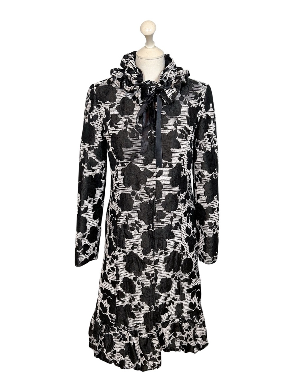 Vintage Brocade Floral Ruffle Tie Neck Dress Coat